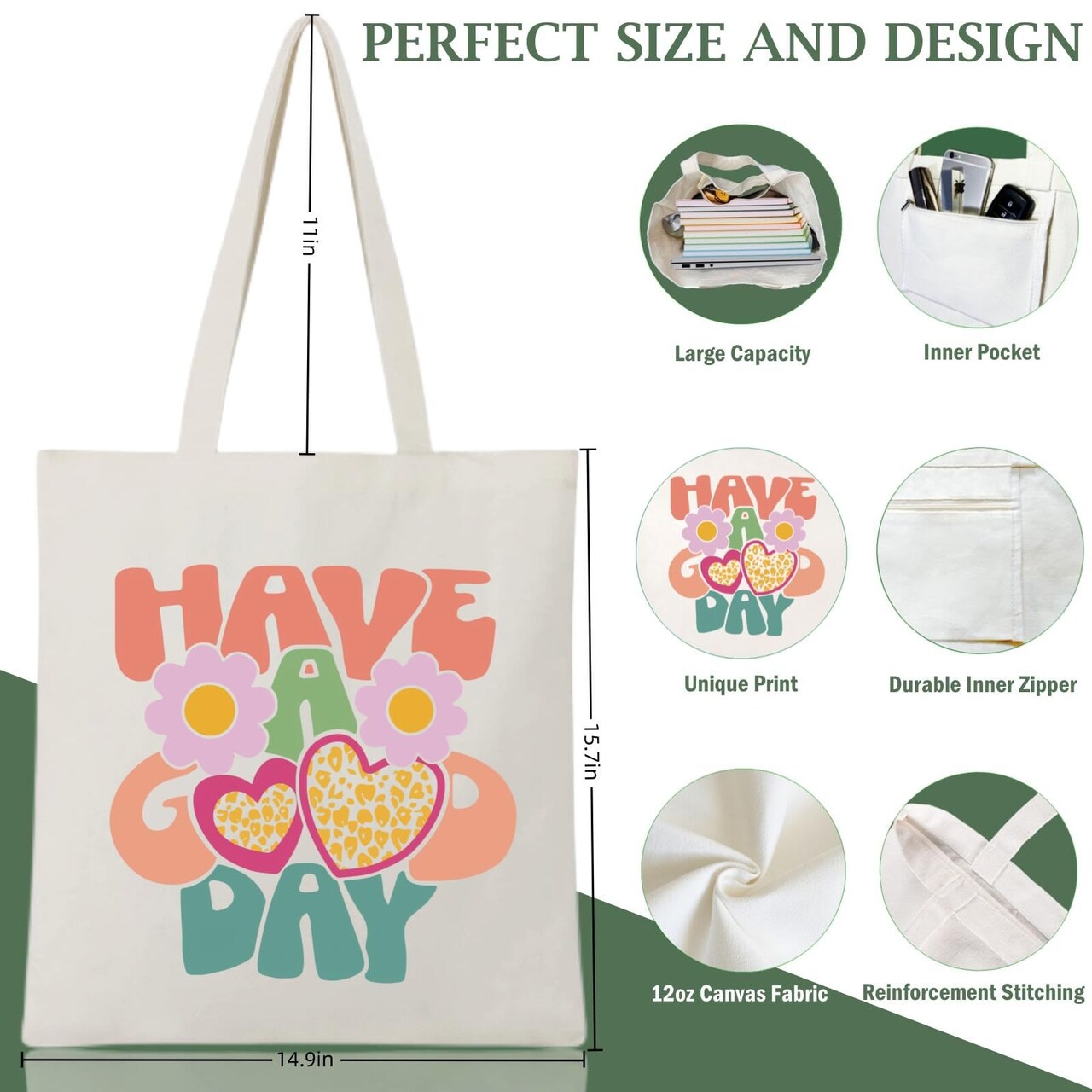 Canvas Tote Bag for Women with Zipper Pocket Aesthetic Cloth Cotton Totes Reusable Grocery Bags Shoulder Book Bags Gifts